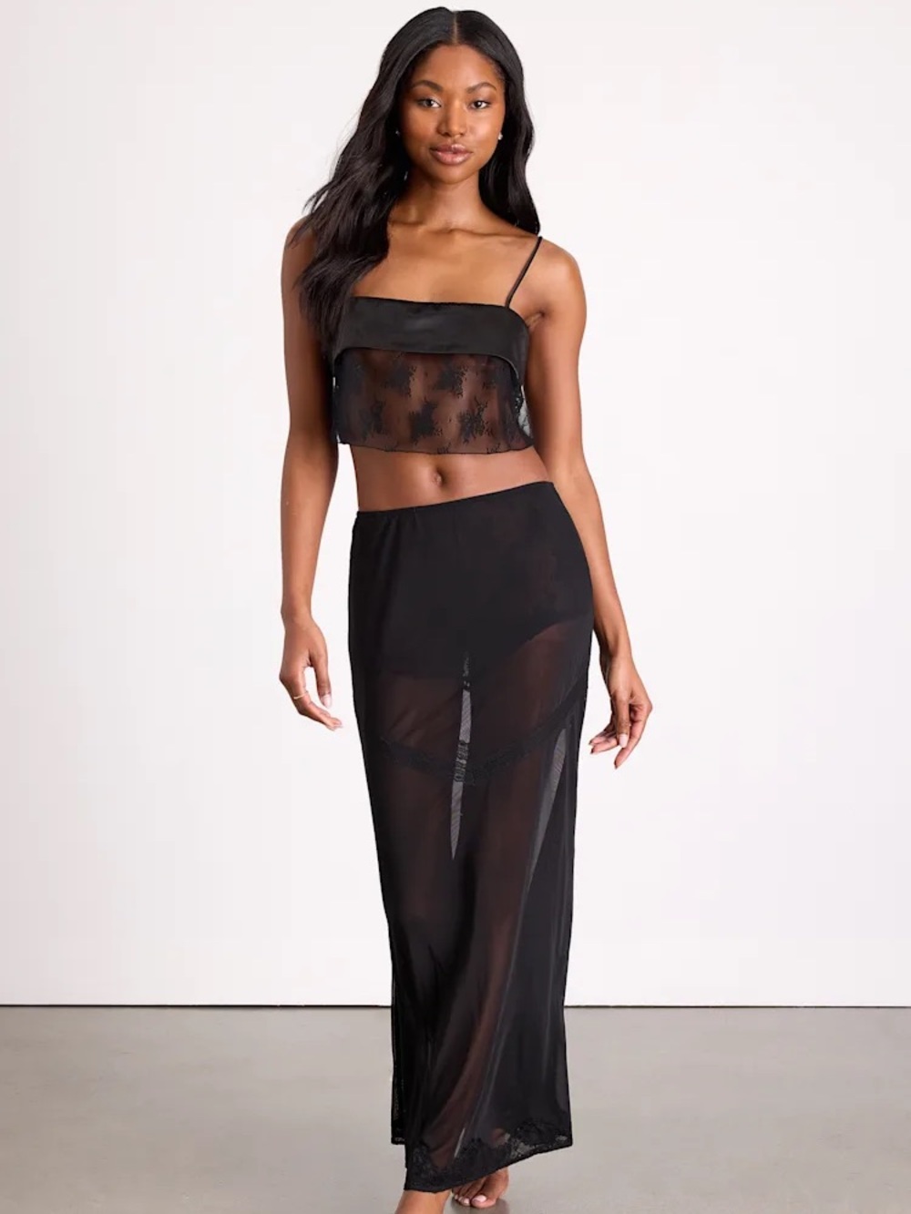Lulus Laurena Black Sheer Lace Two-piece Lingerie Slip Set - Size S
